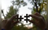Female hands holding 2 pieces of the puzzle in the background of trees